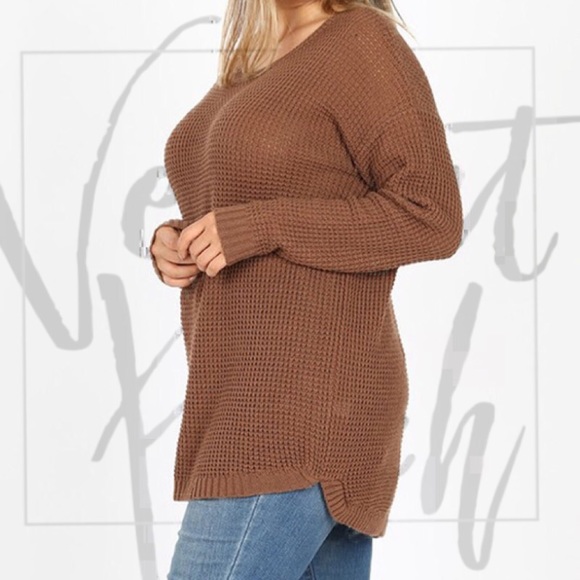 Best Seller! Mocha Brown Plus Size Waffle Sweater - Picture 3 of 8